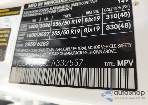 2014 Mercedes-Benz Ml 350 4Matic from USA, damaged, VIN 4JGDA5HBXEA332557